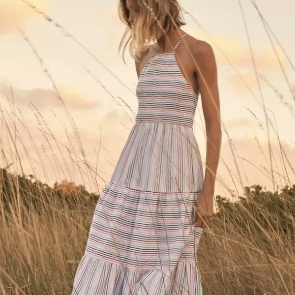 Ella Striped Smocked Strappy Open Back Tiered Maxi Dress - Picture 2 of 8